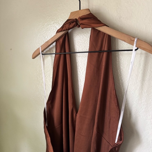 Lulus | Beyond Classy Brown Satin Halter Mini Dress - Picture 7 of 8